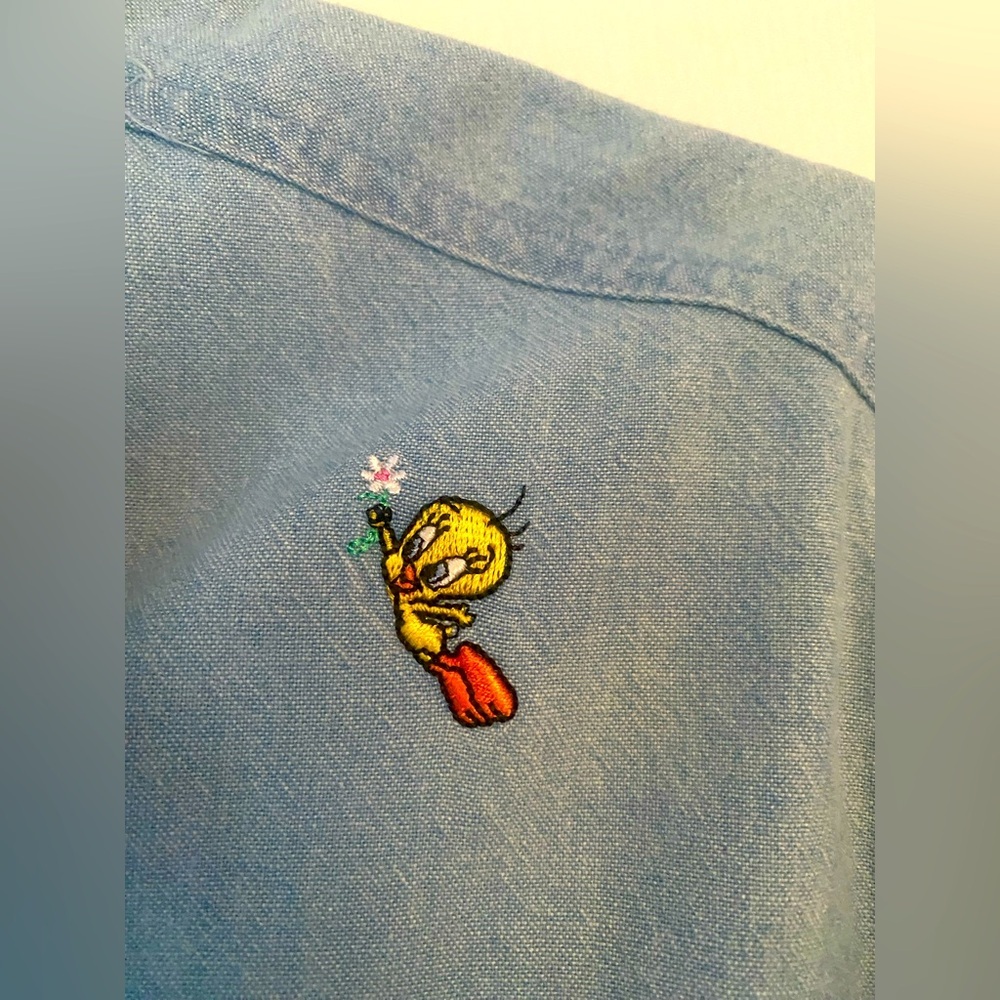 WB Warner Bros. Looney Tunes Tweety Bird Button Up Chambray Blouse Shirt size XS - Picture 10 of 15